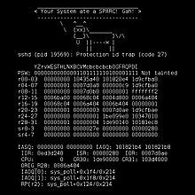 Linux kernel oops on PA-RISC with a dead ASCII cow.