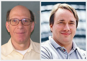 Andrew S. Tanenbaum (left), author of the MINIX operating system, and Linus Torvalds (right), principal author of the Linux kernel