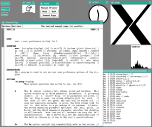 A historical example of graphical user interface and applications common to the MIT X Consortium's distribution running under the twm window manager: X Terminal, Xbiff, xload and a graphical manual page browser